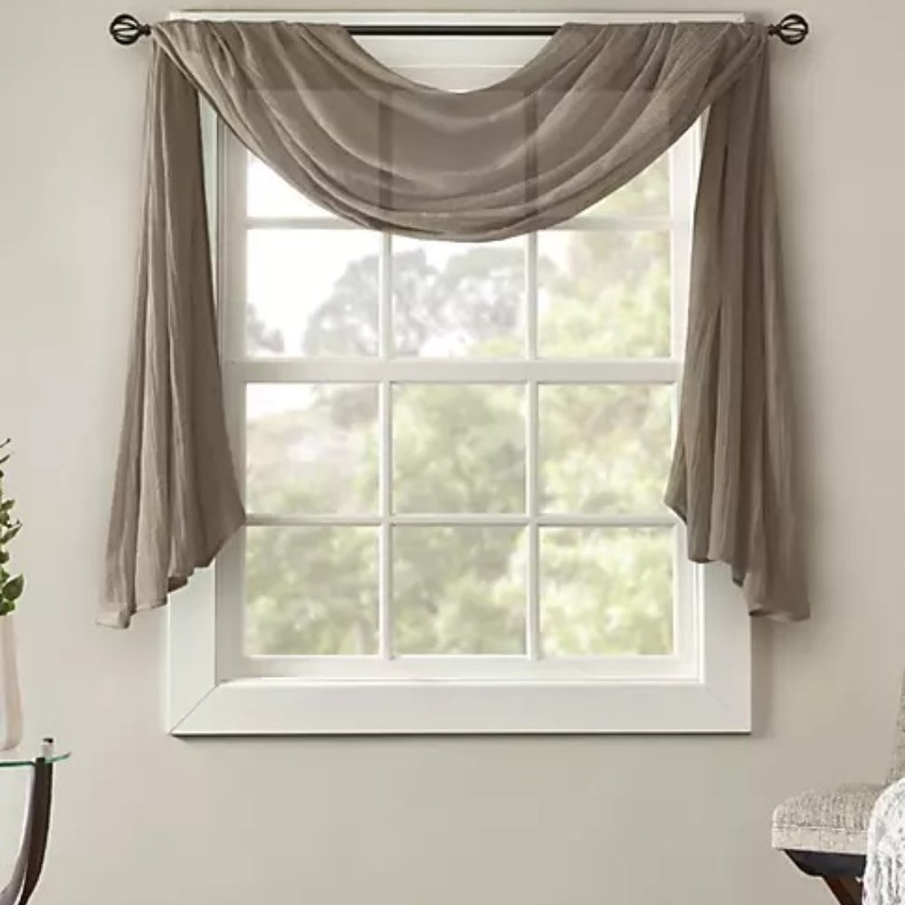 Madison Park Harper Solid Crushed Sheer 216-Inch Scarf Window Valance in Taupe